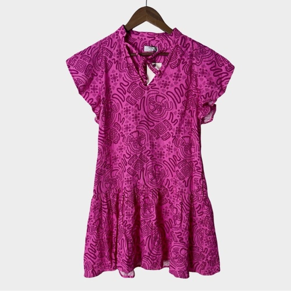 UNTUCKit Cotton Gauze Flutter Sleeve‎ Arya Dress XS Pink Geo Print Resort - Picture 2 of 12
